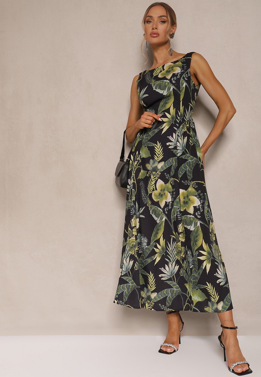 Czarna Sukienka w Roślinny Wzór z Bawełny o Rozkloszowanym Kroju Korlio