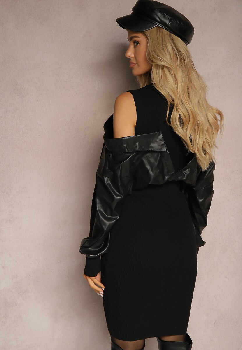 Czarna Prążkowana Sukienka z Wiskozą z Rękawami z Imitacji Skóry Maithia