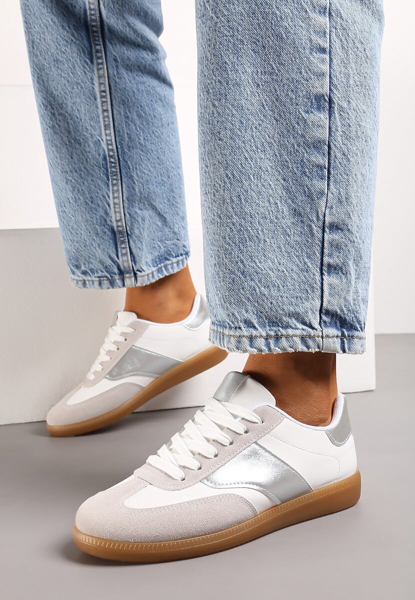 Biało-Srebrne Sneakersy Tenisówki z Klasycznym Sznurowaniem Norio