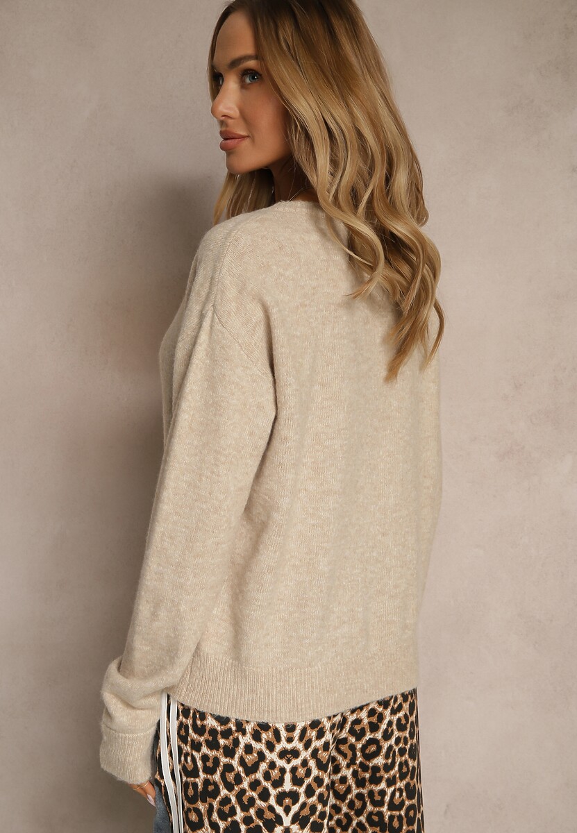 Beżowy Klasyczny Kardigan z Zaokrąglonym Dekoltem Reonira