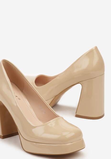 Beżowe Czółenka na Obcasie z Kwadratowym Noskiem i Lakierowanym Połyskiem Viaella