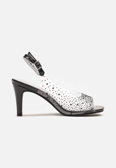 Czarne Transparentne Sandały na Obcasie z Cyrkoniami i Wkładką ze Skóry Naturalnej Evelreia