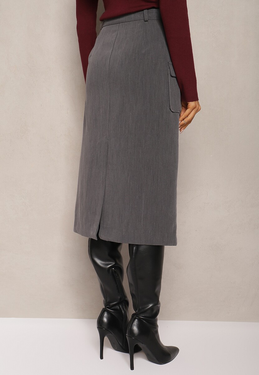 Szara Spódnica z Wiskozą Ozdobione Kieszeniami Cargo i Materiałowym Paskiem Labinia