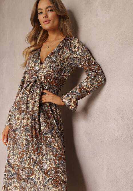 Brązowo-Beżowa Sukienka Midi z Wzorem Paisley i Gumką w Talii Alynthe