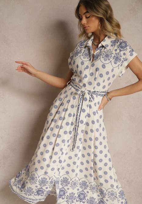 Beżowo-Niebieska Wiskozowa Sukienka w Kwiaty o Koszulowym Kroju z Wiązanym Paskiem Iffiana