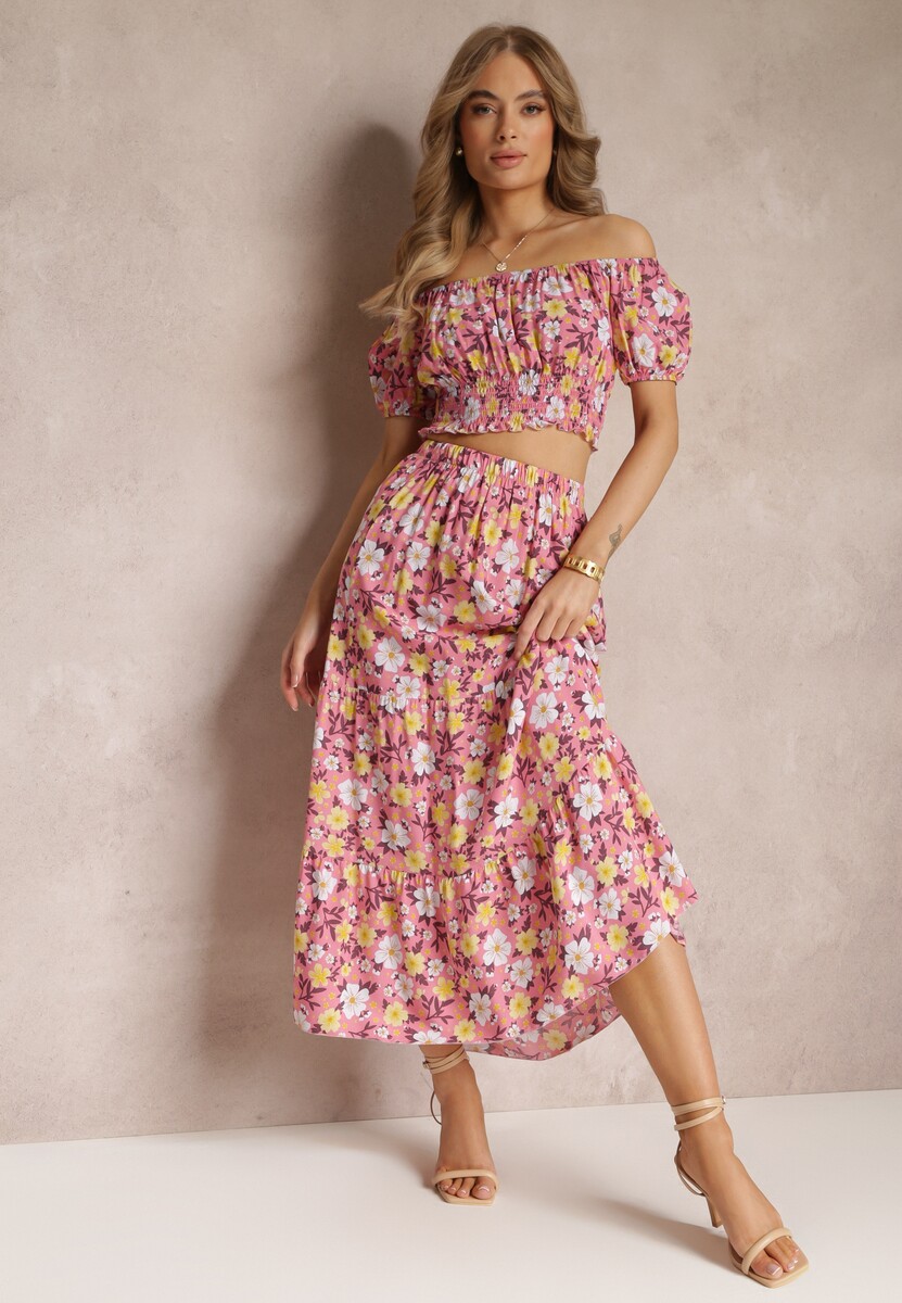 Różowy Bawełniany Komplet 2-częściowy w Kwiaty Malenis