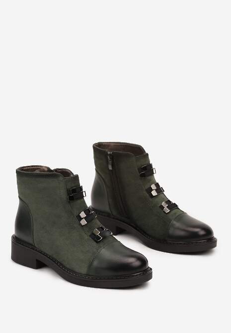 Zielone Płaskie Botki Ozdobione Metalowymi Aplikacjami Cetirra
