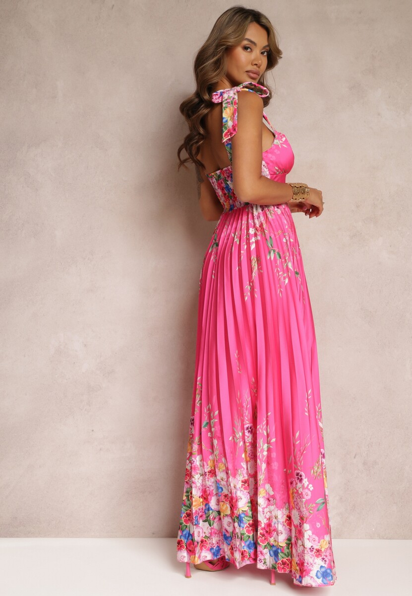Fuksjowa Plisowana Sukienka Maxi na Wiązanych Ramiączkach Ullita