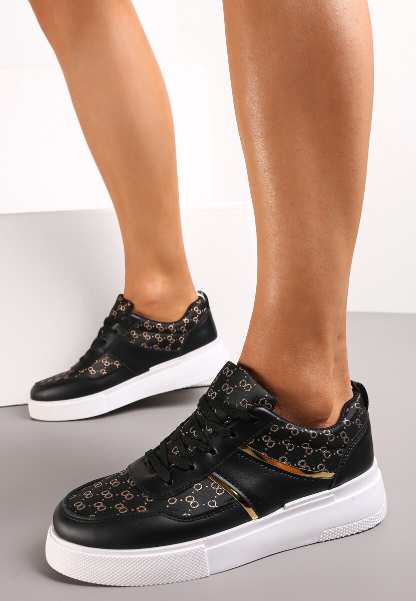 Czarne Sneakersy na Grubej Podeszwie z Wzorzystą Cholewką z Błyszczącą Nitką Jaile