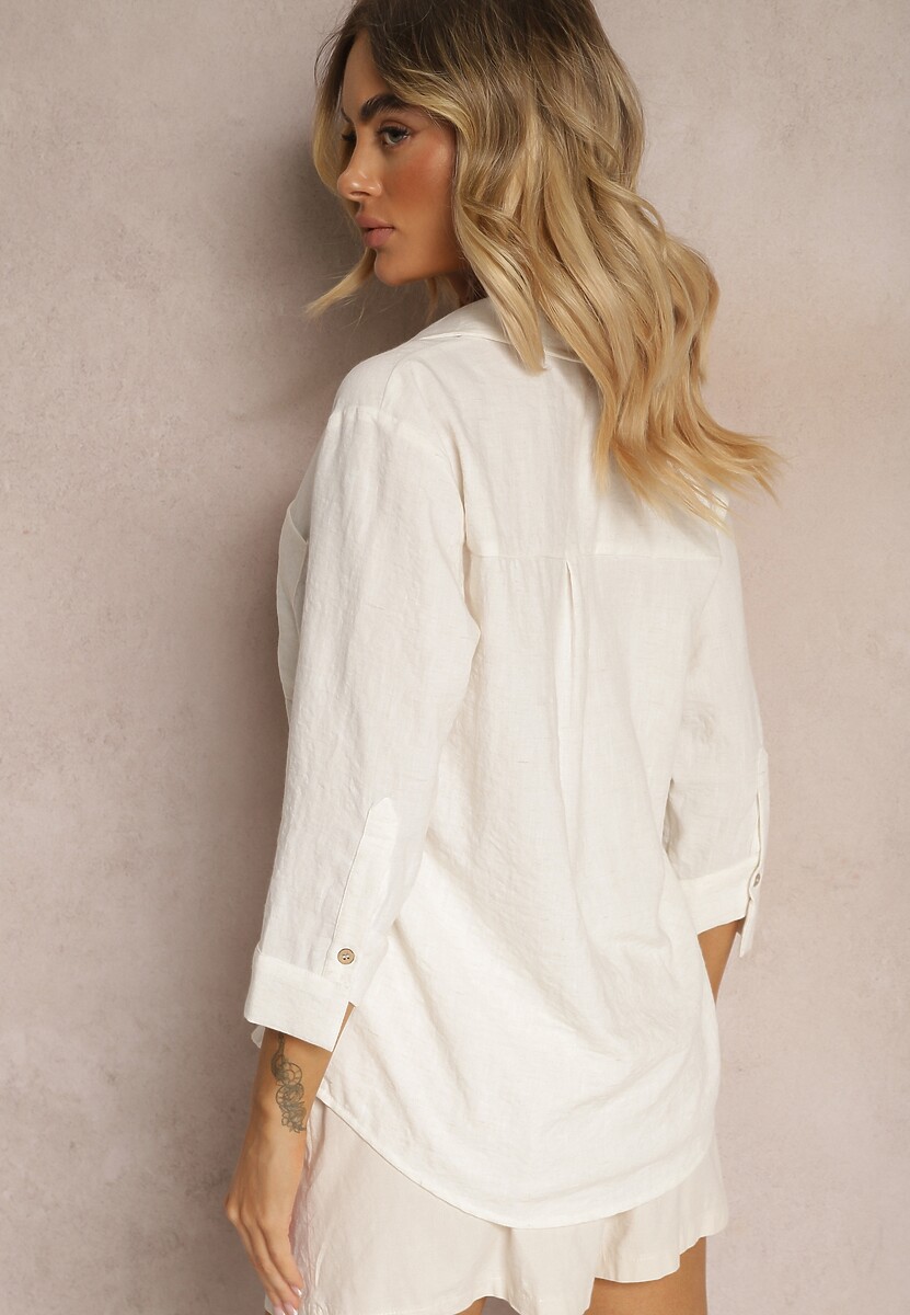 Jasnobeżowa Klasyczna Koszula Ozdobiona Kieszenią Zapinana na Guziki z Rękawem 3/4 Nestade