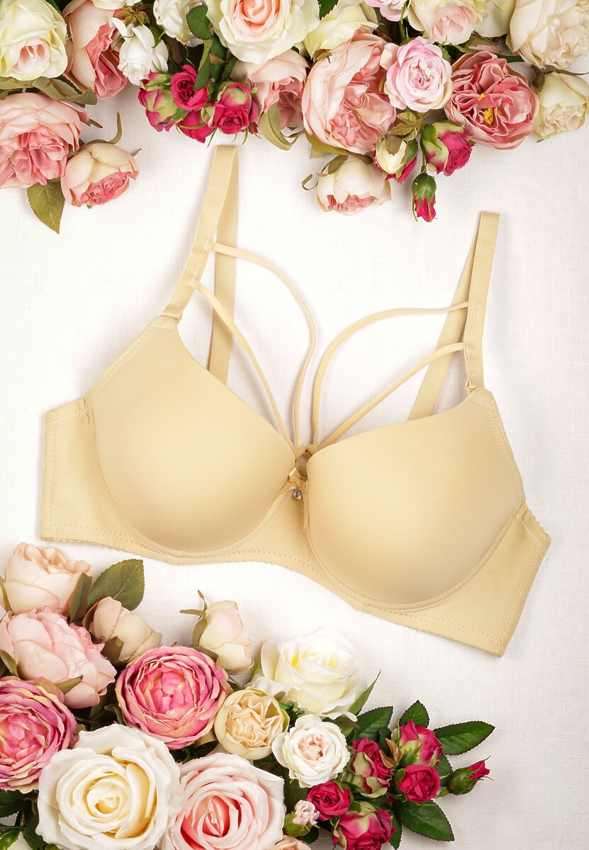 Żółty Gładki Biustonosz Full Cup z Ozdobą między Miseczkami i Paskami Neifa