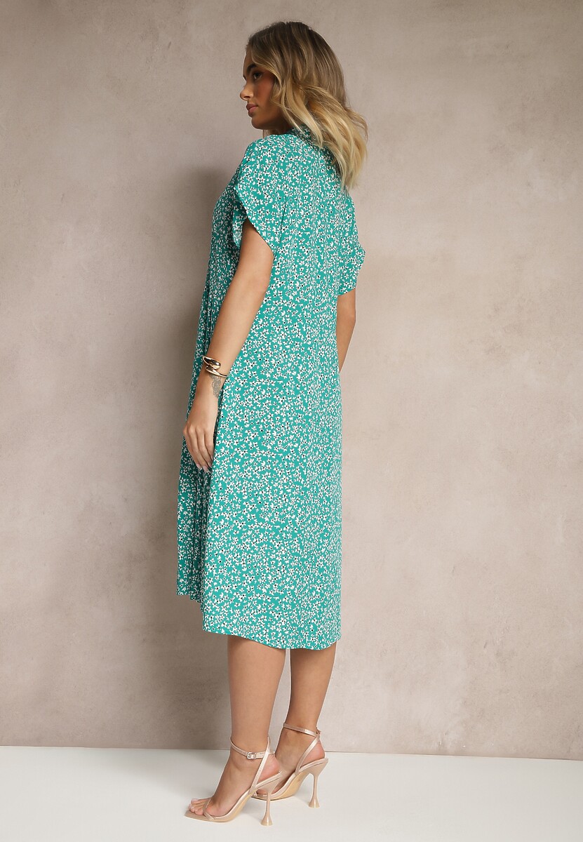 Ciemnozielona Koszulowa Sukienka z Bawełny w Kwiaty o Rozkloszowanym Fasonie Sarilon