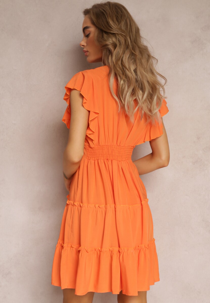Pomarańczowa Taliowana Sukienka Mini Ozdobiona Falbankami Salleni