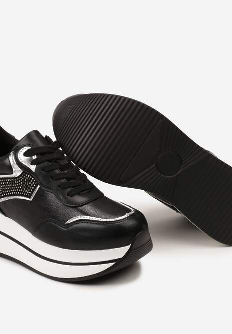 Czarne Sneakersy na Platformie z Cyrkoniami na Boku Oarema