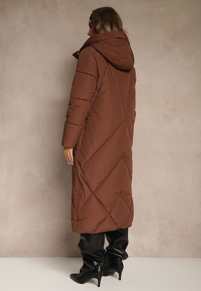 Brązowa Pudełkowa Kurtka o Długim Kroju z Pikowanymi Przeszyciami Kapturem i Kieszeniami Calatta