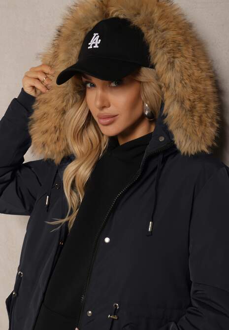 Granatowa Kurtka Parka Mocno Ocieplana z Futerkiem przy Kapturze z Możliwością Odpięcia Sialthira