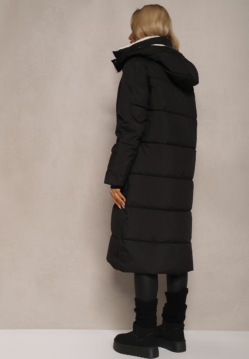 Czarna Pikowana Kurtka o Długim Kroju z Odpinanym Kapturem i Kieszeniami Etanore