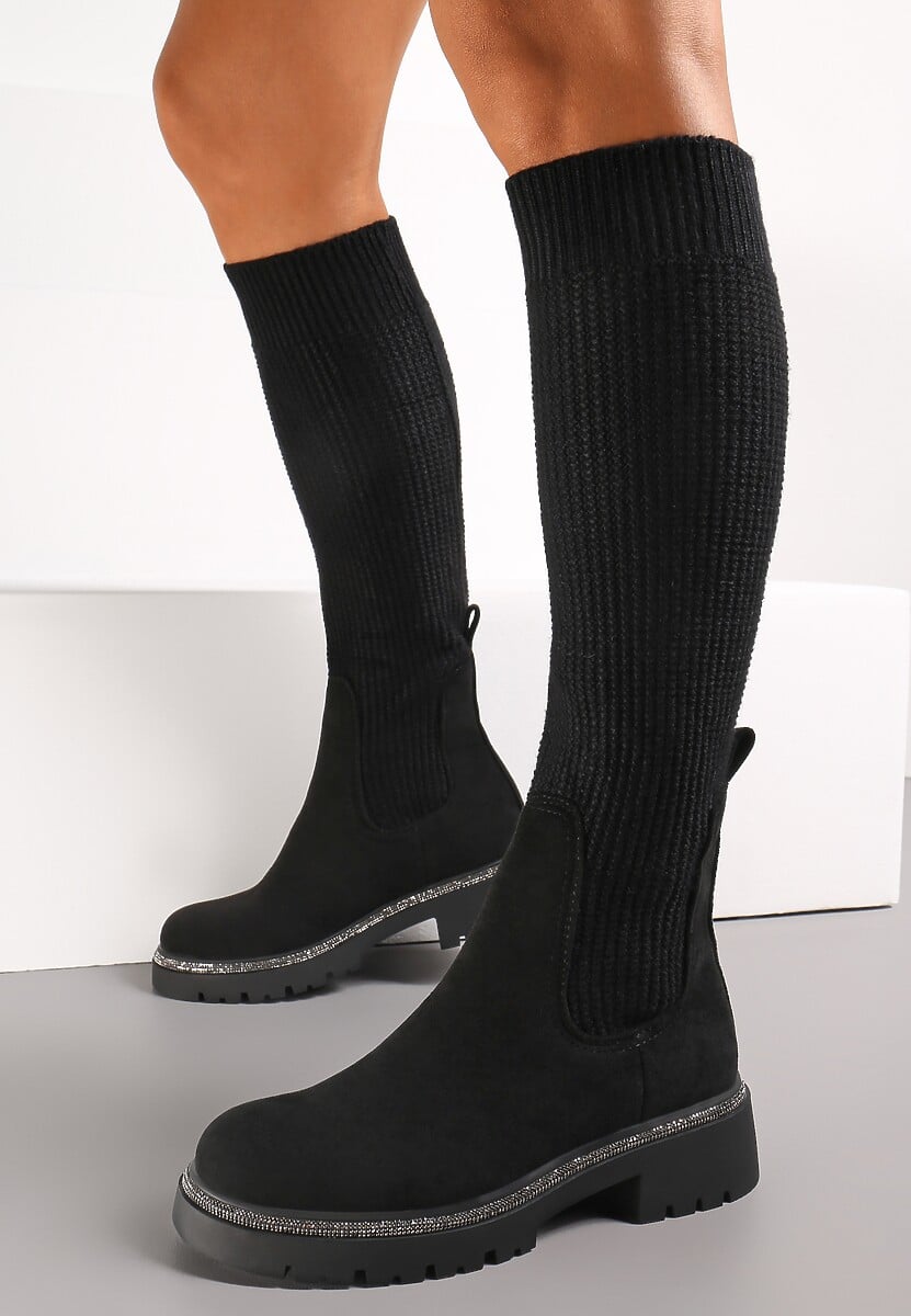 Czarne Kozaki w Cyrkonie z Elastyczną Cholewką przed Kolano Jeanlli