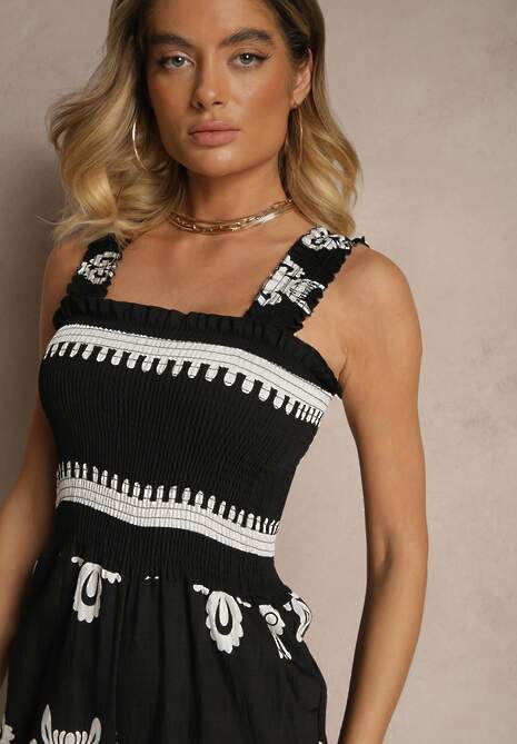 Czarny Kombinezon Wide Leg z Wiskozy na Ramiączkach Zdobiony Etnicznym Wzorem Melriti