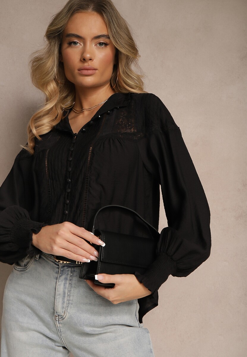 Czarna Koszula z Wiskozy Koronkowa ze Ściągaczami na Rękawach Walisna