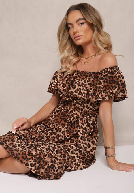 Brązowa Rozkloszowana Sukienka Hiszpanka z Gumką w Talii w Panterkowy Wzór Hiterta