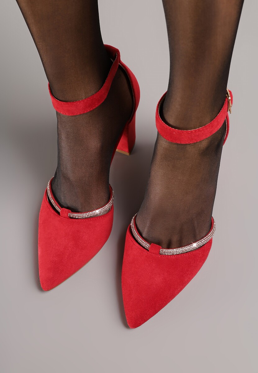 Czerwone Eleganckie Czółenka Vices ze Skórzaną Wkładką i Cyrkoniami Sarirra