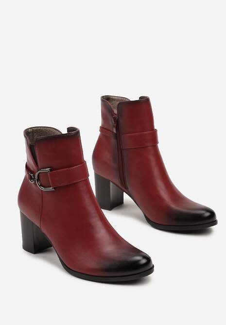 Bordowe Botki na Obcasie Typu Słupek z Klamrą Eriscelia