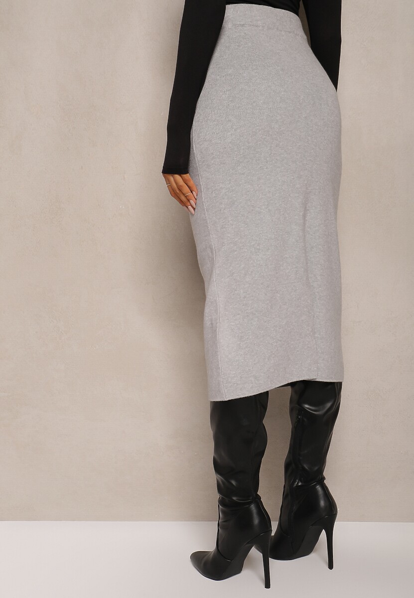 Jasnoszara Spódnica Ołówkowa z Kaszmirem High Waist z Ozdobnymi Guzikami i Kieszeniami Edithwen