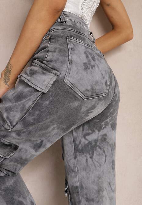 Ciemnoszare Jeansy z Szerokimi Nogawkami i Kieszeniami Cargo z Efektem Sprania Mokasia