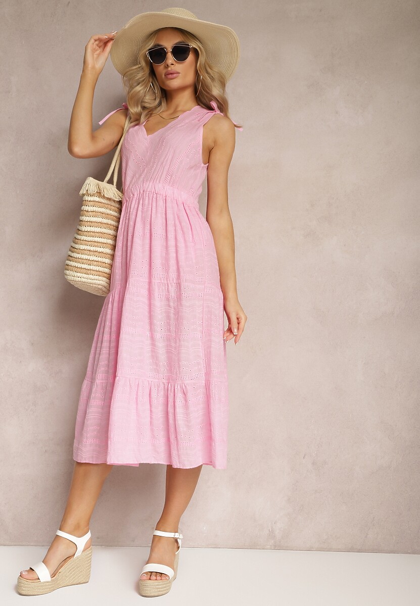 Różowa Rozkloszowana Sukienka Midi z Bawełny Ozdobiona Haftem z Troczkiem w Pasie Tuvina
