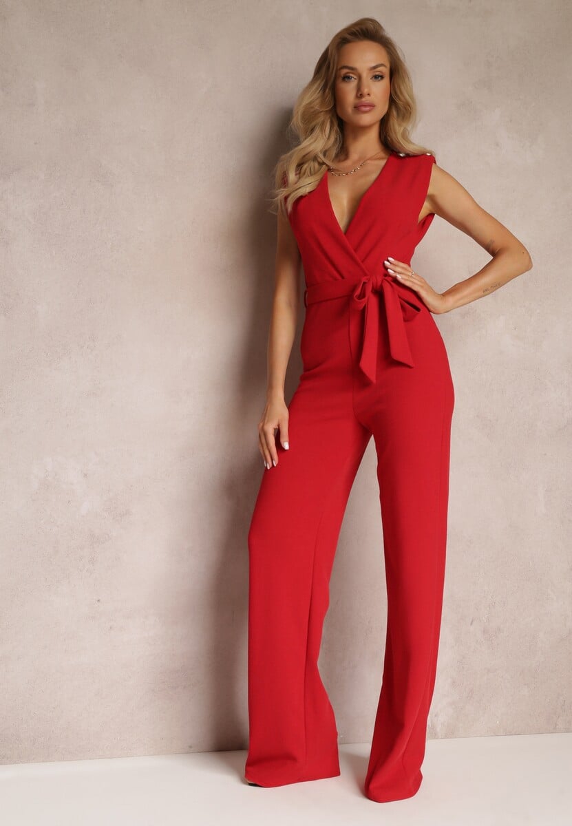 Jasnoszary Długi Kombinezon Wiązany w Pasie z Guzikami Na Ramionach Amile