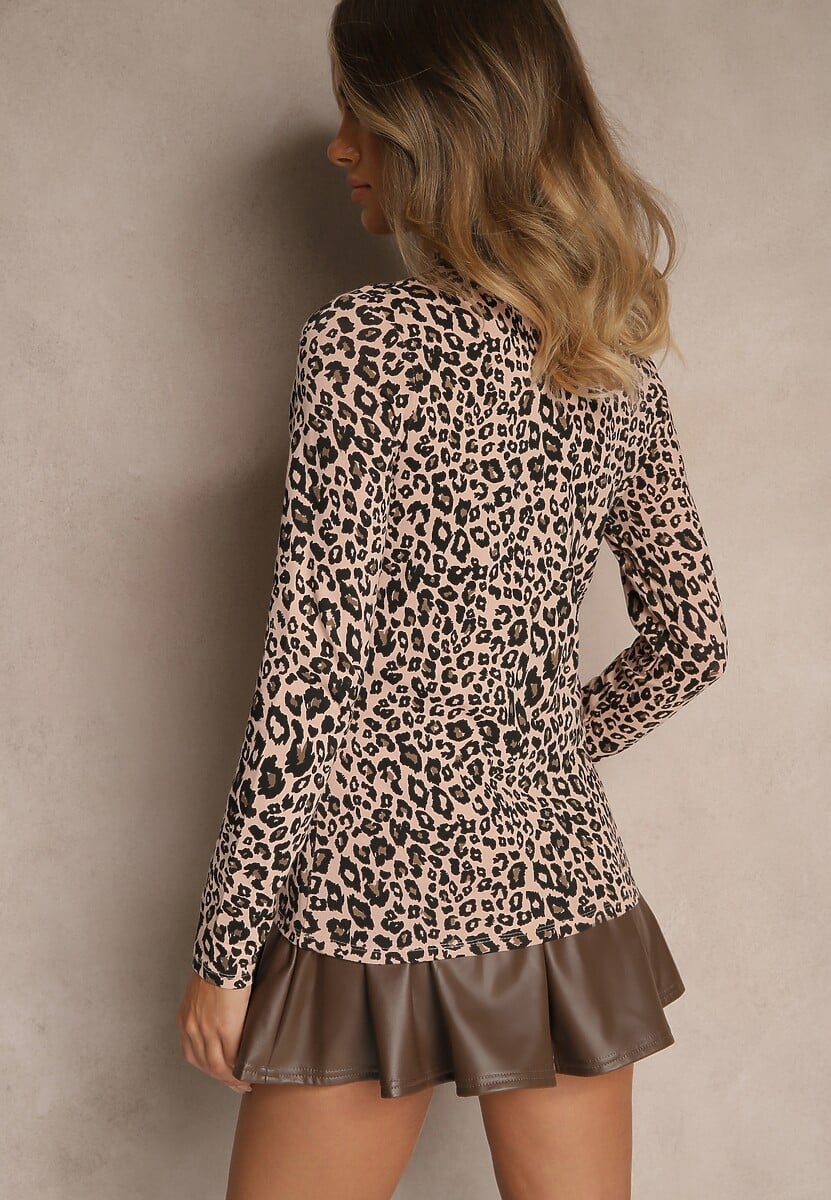 Czarno-Beżowa Bawełniana Bluzka Typu Longsleeve z Golfem w Panterkę Falarine