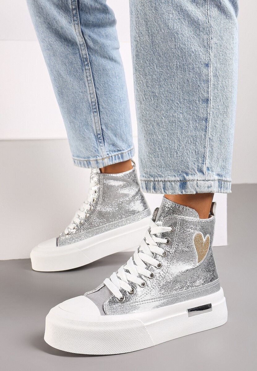 Srebrne Brokatowe Trampki na Platformie z Cholewką za Kostkę Nevirosa