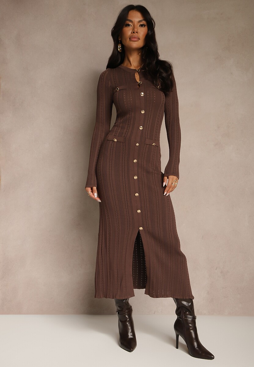 Brązowa Taliowana Sukienka Sweterkowa z Wiskozą i Metalicznymi Guzikami Lilianessa