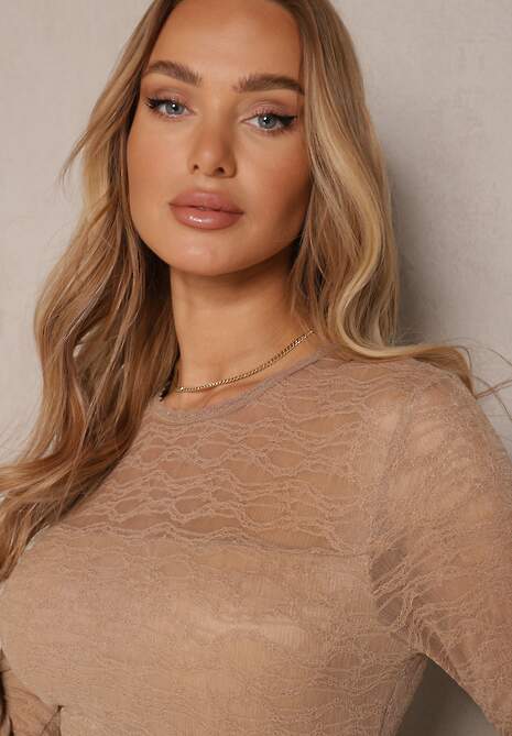 Beżowy Kombinezon z Koronki z Wiskozą z Wszytym Paskiem z Aplikacją Ninadira