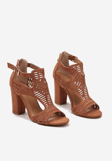 Brązowe Ażurowe Sandały na Wysokim Słupku ze Sprzączką przy Kostce Votilla