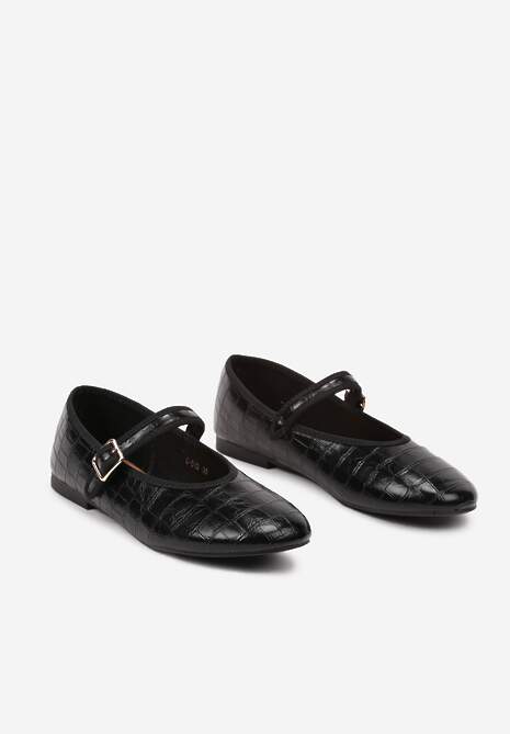 Czarne Balerinki na Płaskiej Podeszwie w Stylu Mary Jane Zapinane na Sprzączkę Rivannae