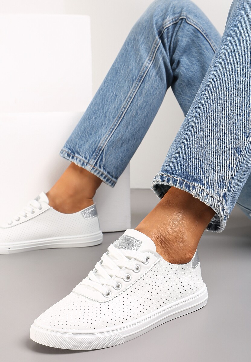 Biało-Srebrne Tenisówki ze Skóry ze Wstawkami z Brokatu Klerioa