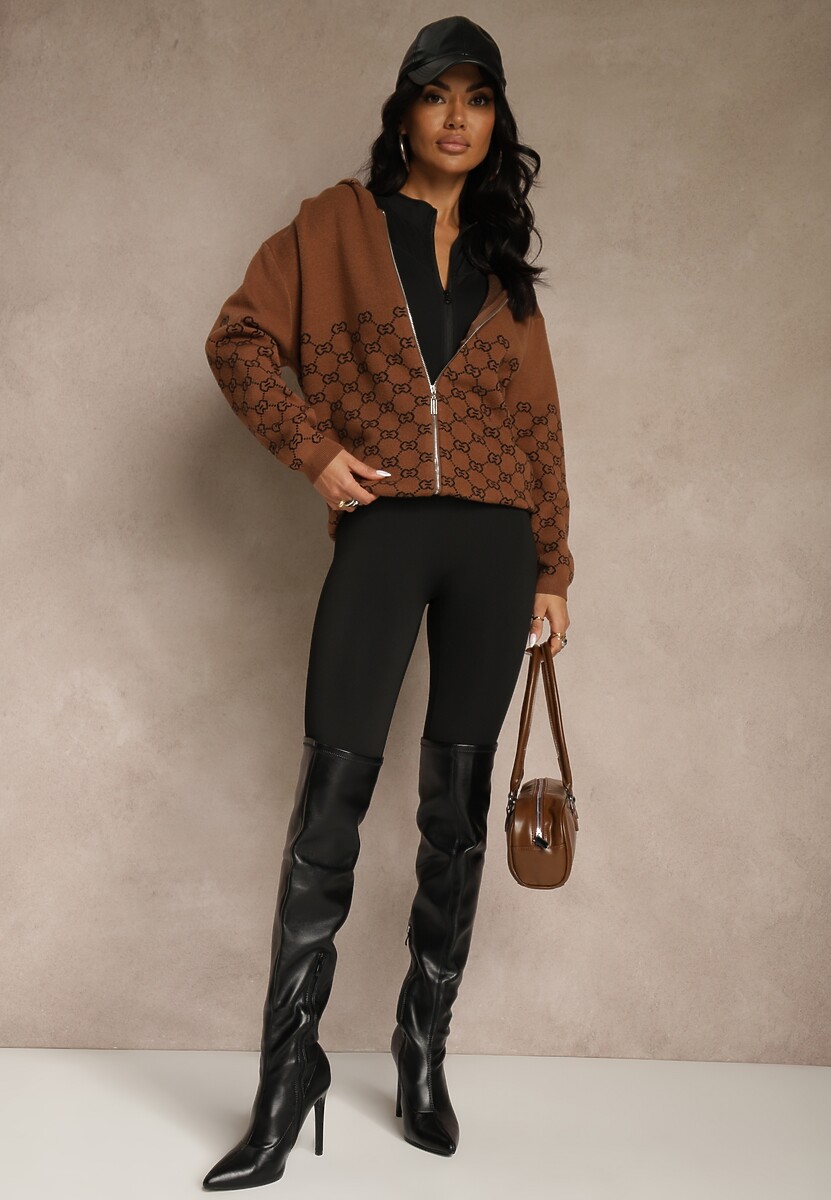 Brązowy Rozpinany Kardigan z Kapturem z Geometrycznym Wzorem Neratusa