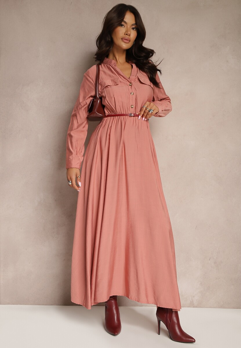 Różowa Koszulowa Sukienka o Rozkloszowanym Kroju z Paskiem i Gumką Zinfretta