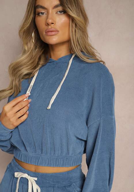 Granatowy Komplet Dresowy z Dodatkiem Bawełny Spodnie z Gumką w Pasie i Bluza z Kapturem Hasaria