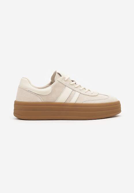 Jasnobeżowe Sneakersy Zamszowe na Platformie ze Skórzaną Wkładką Ozdobione Paskiem Adivrie