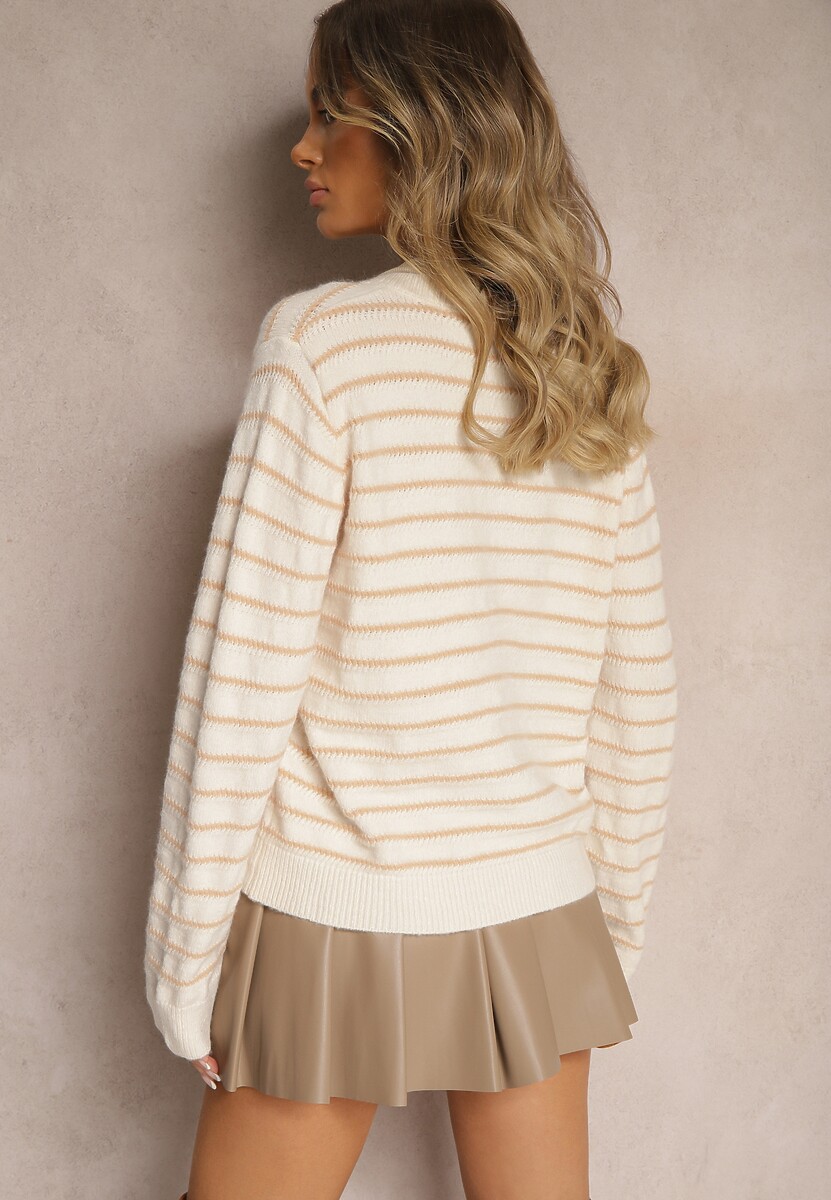 Beżowy Kardigan w Paski Zapinany na Guziki Irihae