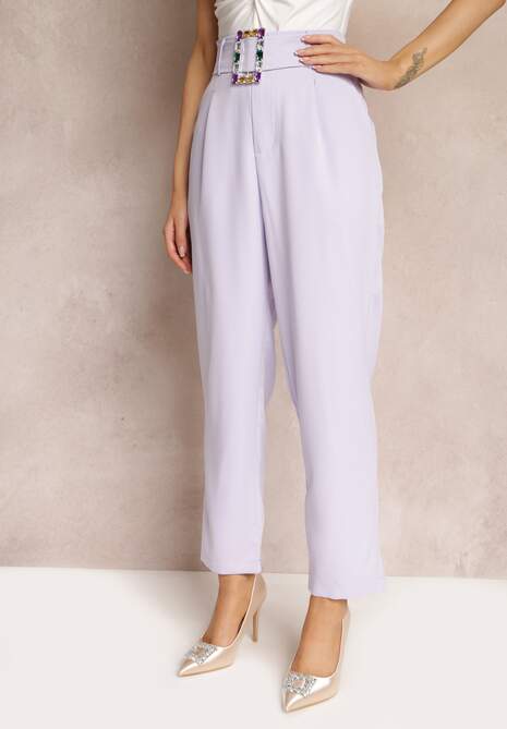 Fioletowe Spodnie Cygaretki z Wysokim Stanem i Materiałowym Paskiem z Cyrkoniami Marintta