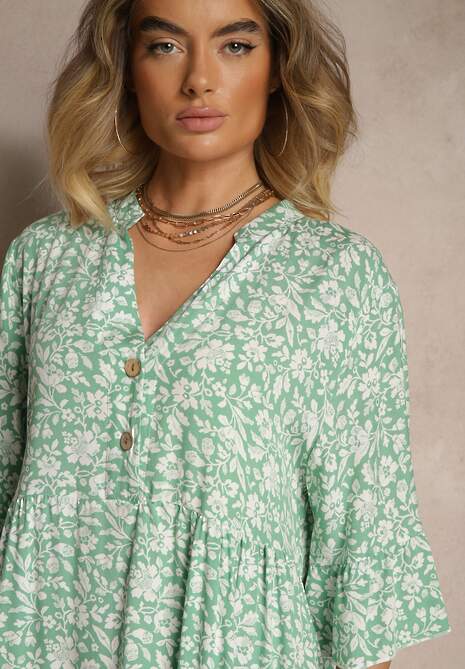 Zielona Rozkloszowana Sukienka z Bawełny Zdobiona Kwiatowym Wzorem Jenelitia