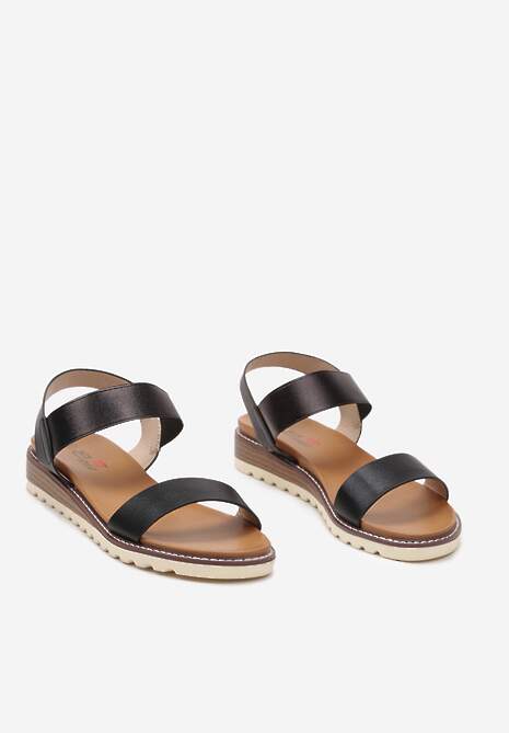 Czarne Casualowe Sandały na Płaskiej Podeszwie Imitującej Korek bez Zapięcia Biorena