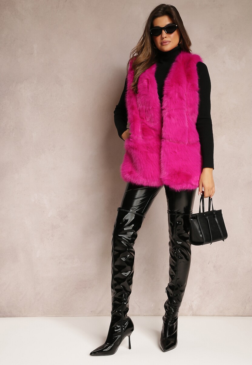 Fuksjowa Puchata Kamizelka z Futerka Ozdobiona Imitacją Skóry Tekllesa
