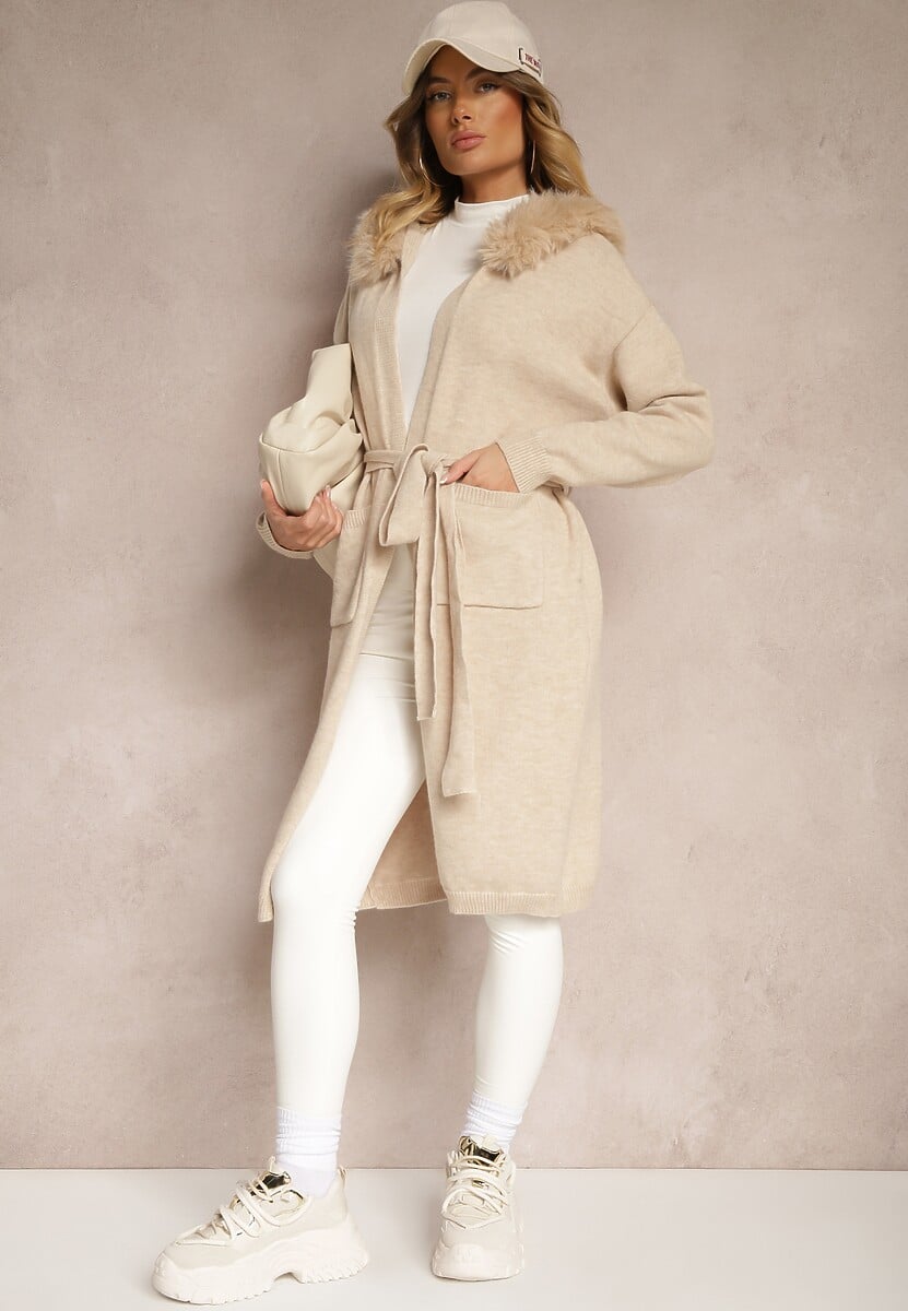 Beżowy Kardigan z Wełną Wiązany w Pasie z Kapturem z Odpinanym Futerkiem Besiyana