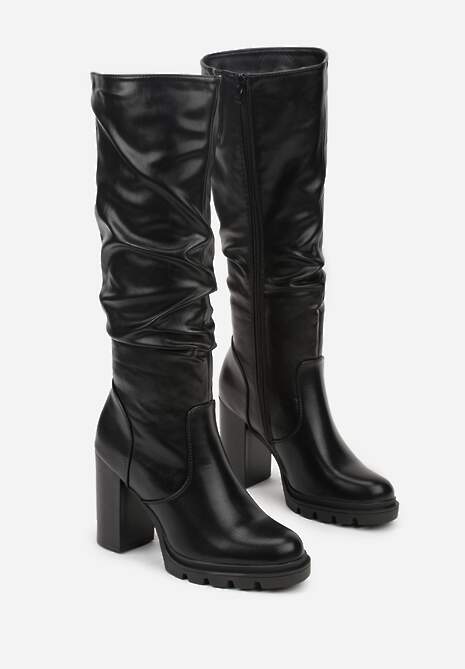 Czarne Kozaki do Kolana z Marszczoną Cholewką i Obcasem Typu Słupek Netalea