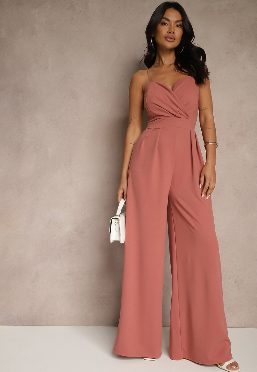 Ciemnoróżowy Kombinezon na Cienkich Ramiączkach z Kopertowym Dekoltem i Szerokimi Nogawkami Jovantia